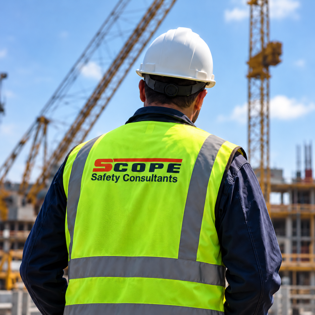 safety inspector overlooking construction cranes